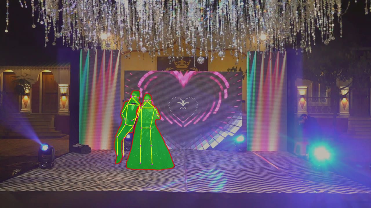 Two overlapping dancers, each segmented independently. The crop-and-upscale approach holds up even when bodies cross, which the single full-frame pass never did.