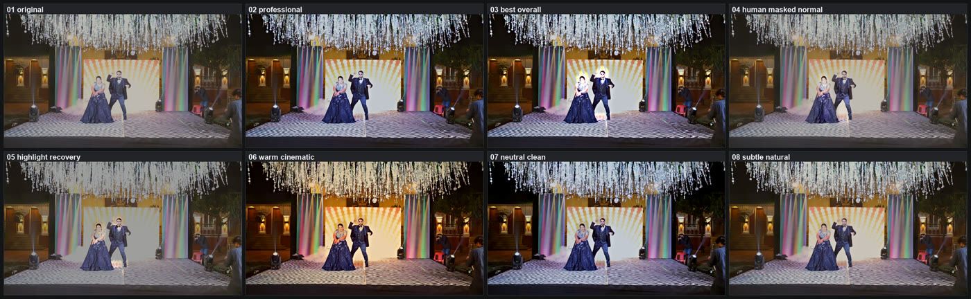 Choosing the "how": a contact sheet of eight candidate grading approaches side by side. Comparing them as a sheet rather than one at a time is what made mask-gated normal editing the obvious pick.