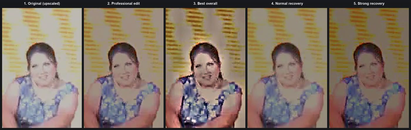 Per-face recovery variants — dialling in how much highlight and skin-tone correction to pull back toward the non-flash reference before it starts looking synthetic.