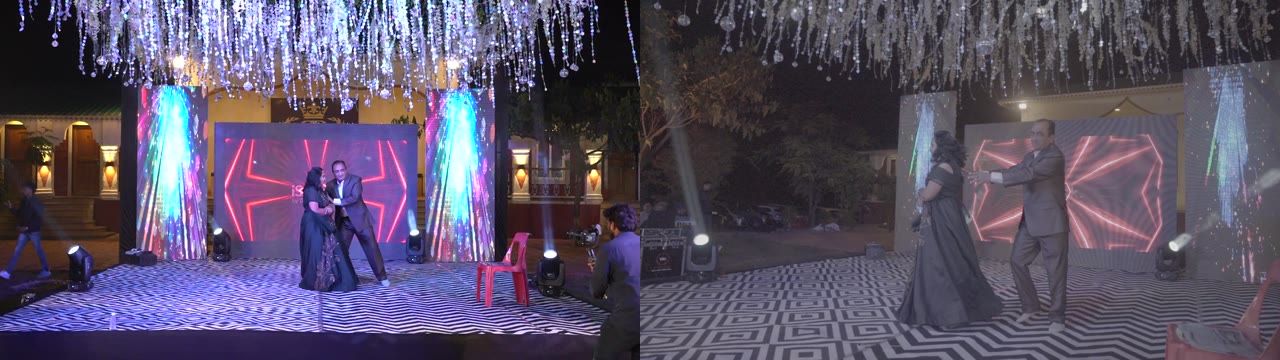 Proof point one — centre (left) and Camera A (right) at centre-time 42.5 s. Same pose, and the same angular red pattern on the LED wall behind them. A single frame like this is what fooled us the first time.
